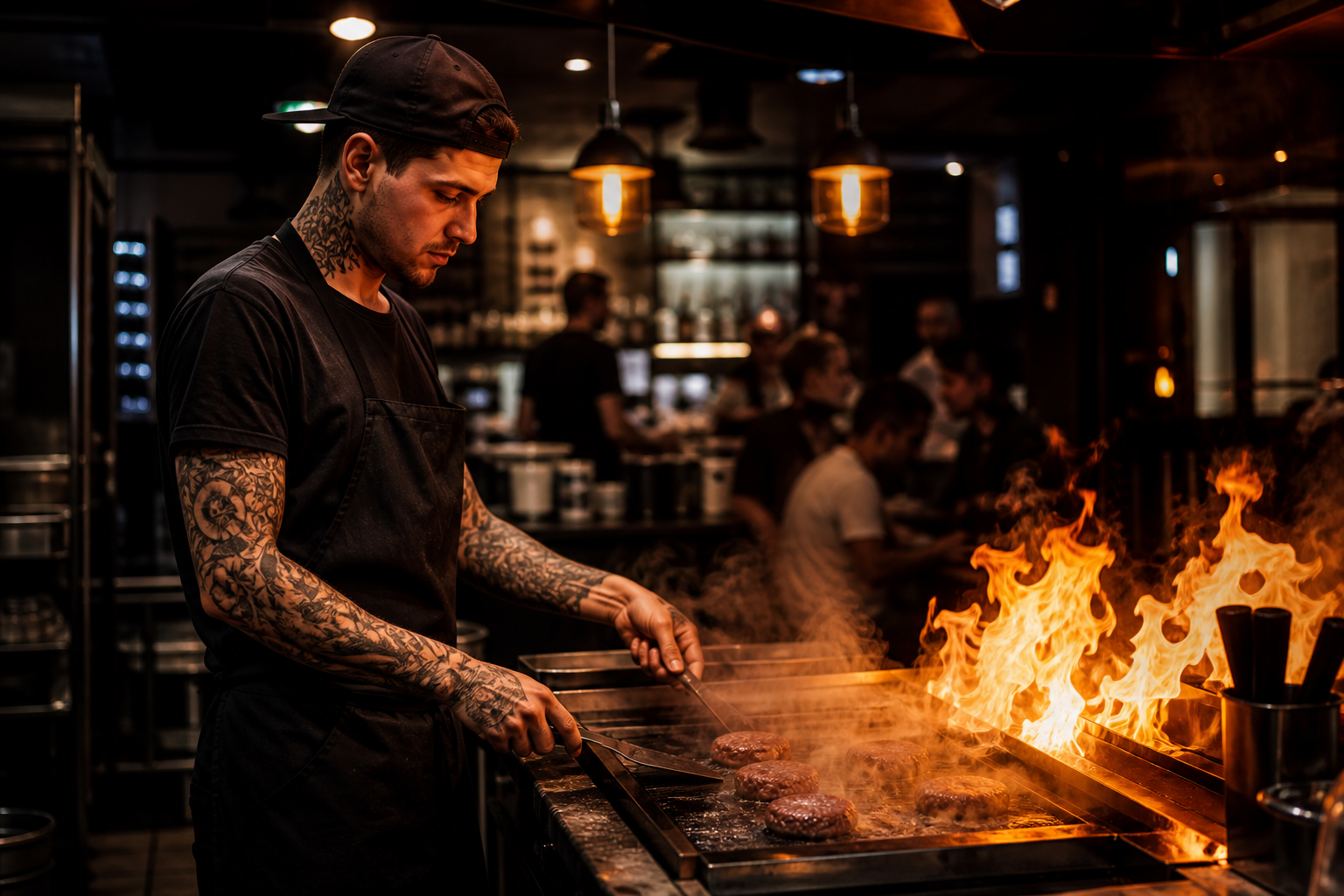 Jackwagon chef working at the flaming griddle