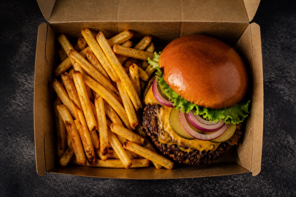 Burger and fries inside an open kraft takeout box