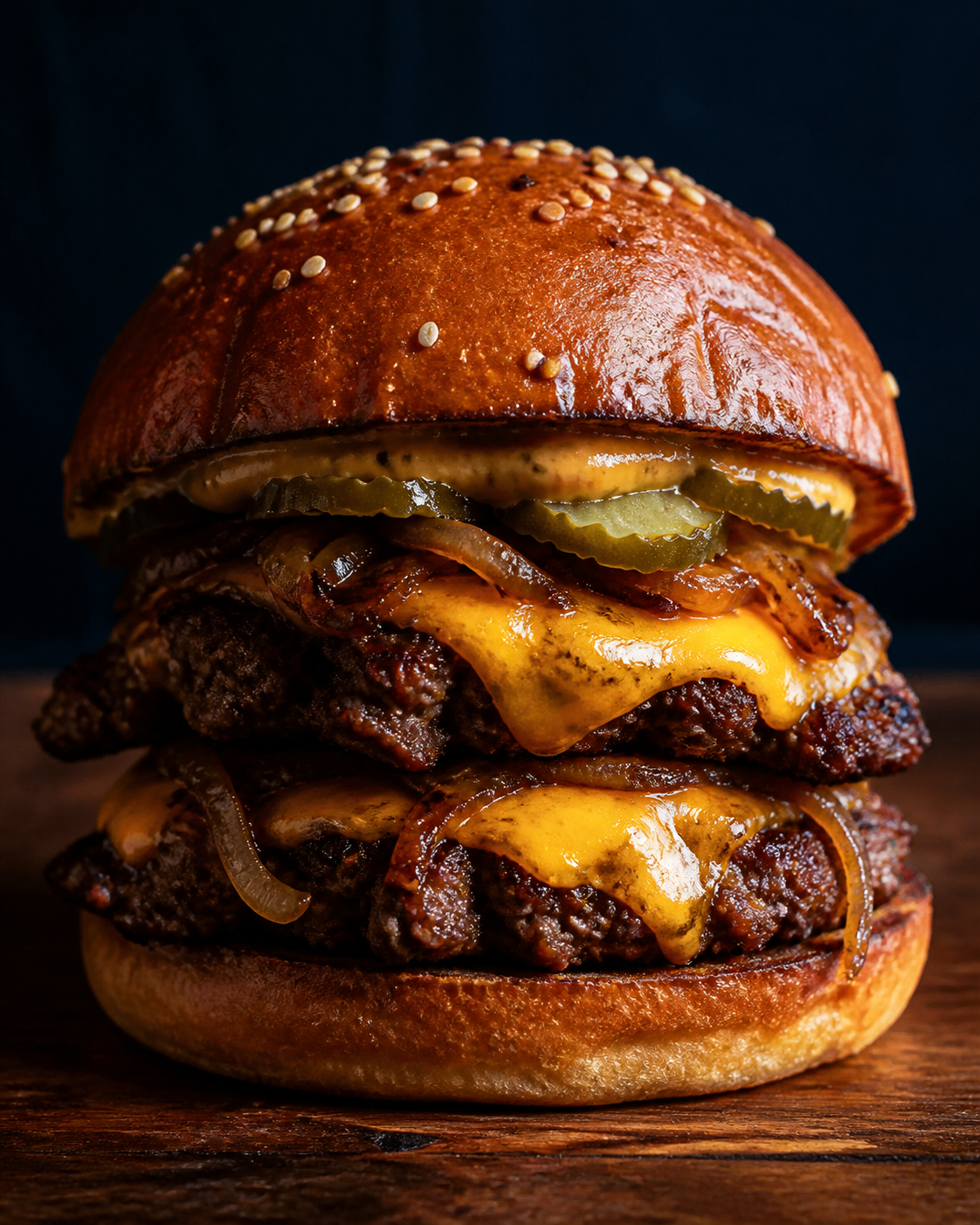 A towering Jackwagon double smash burger photographed close-up